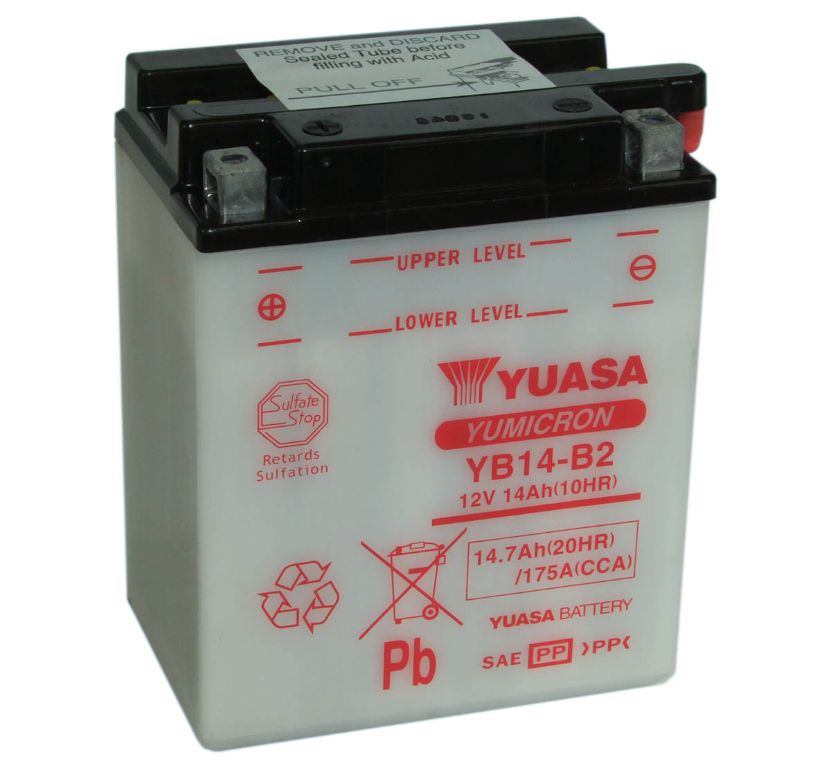 Batteri (12 volt), Yuasa. YB14-B2, med syrepakke
