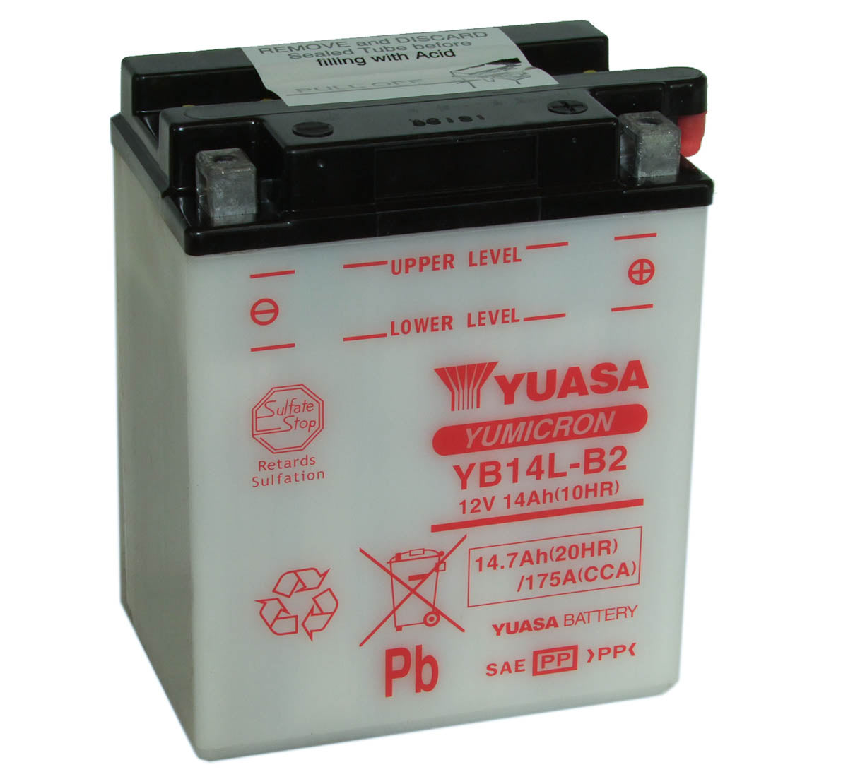 Batteri (12 volt), Yuasa. YB14L-B2, med syrepakke